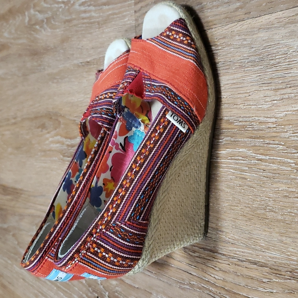 (6.5W) Toms Classic Canvas Peep Toe Wedge Colorful Bohemian Vacation Beach